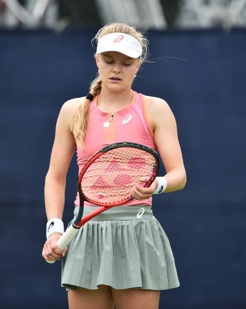 Harriet Dart of Great Britain looks on as she plays against Laura Davis of United States in the Women’s singles on day five of the Viking Open at...