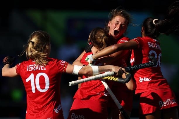 Stephane Vanden Borre of Belgium celebrates scoring her teams first goal of the game in the final minute during the Euro Hockey Championships Women...