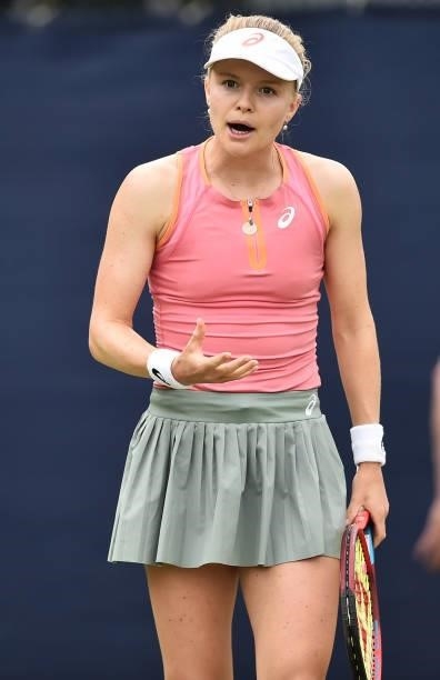 Harriet Dart of Great Britain reacts as she plays against Laura Davis of United States in the Women’s singles on day five of the Viking Open at...