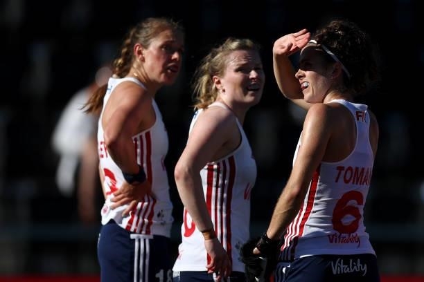 Anna Toman, Hollie Pearne-Webb and Giselle Ansley of England looks at the screen during the Euro Hockey Championships Women match between Belgium and...
