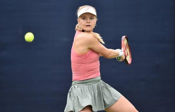 Harriet Dart of Great Britain plays a backhand shot against Laura Davis of United States in the Women’s singles on day five of the Viking Open at...