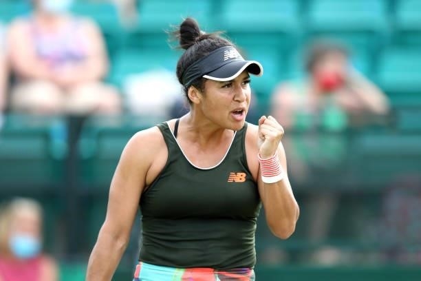 Heather Watson of Great Britain celebrates after winning a point against Tara Morre of Great Britain during Day 5 of the Viking Nottingham Open at...