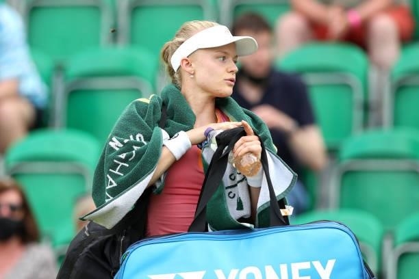 Harriet Dart of Great Britain leaves the court after defeat against Laura Davis of United States during Day 5 of the Viking Nottingham Open at...