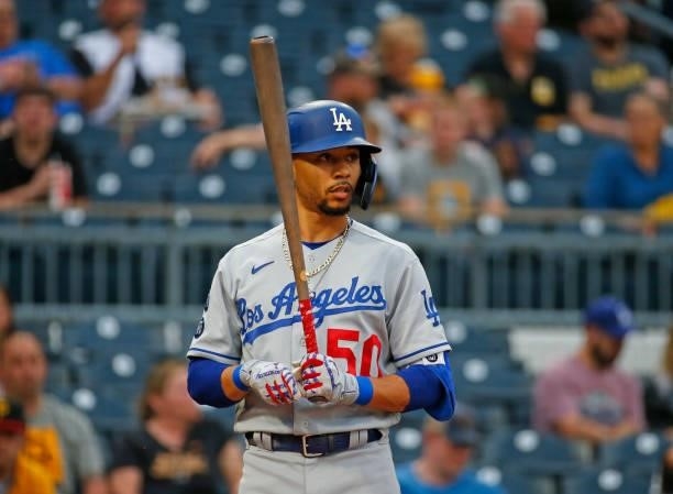 Mookie Betts of the Los Angeles Dodgers in action against the Pittsburgh Pirates at PNC Park on June 8, 2021 in Pittsburgh, Pennsylvania.