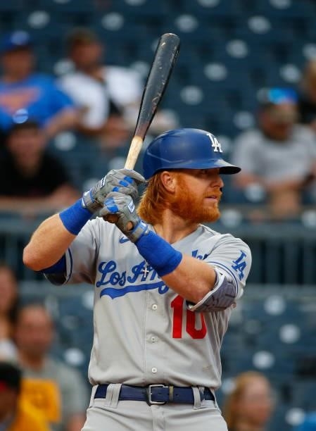 Justin Turner of the Los Angeles Dodgers in action against the Pittsburgh Pirates at PNC Park on June 8, 2021 in Pittsburgh, Pennsylvania.