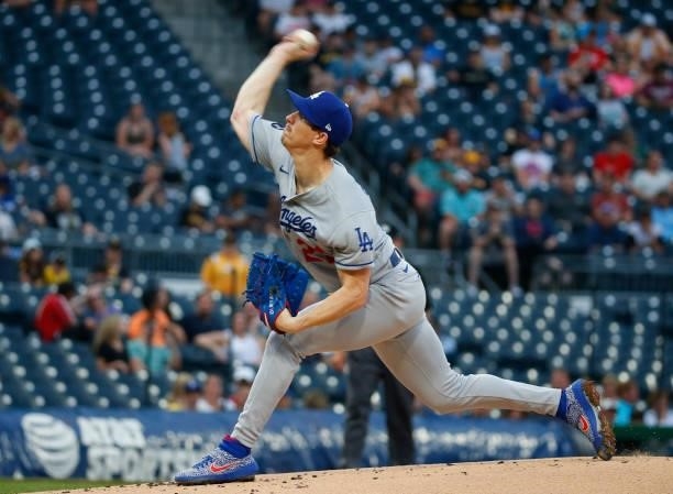 Walker Buehler of the Los Angeles Dodgers in action against the Pittsburgh Pirates at PNC Park on June 8, 2021 in Pittsburgh, Pennsylvania.
