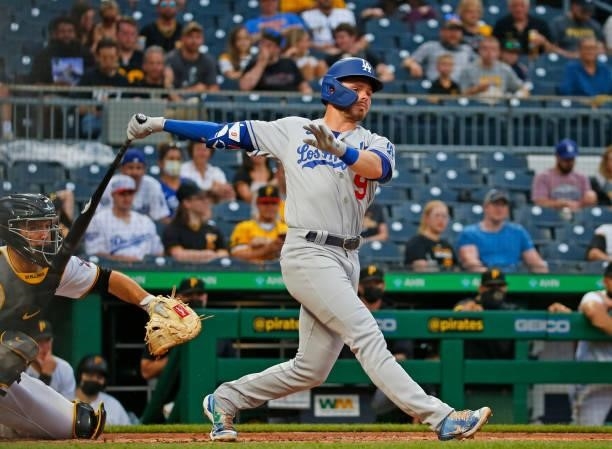 Gavin Lux of the Los Angeles Dodgers in action against the Pittsburgh Pirates at PNC Park on June 8, 2021 in Pittsburgh, Pennsylvania.