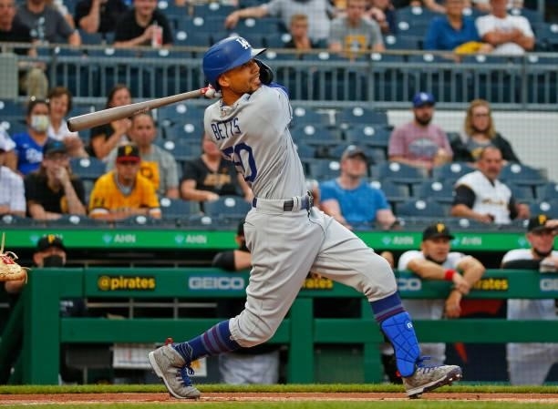 Mookie Betts of the Los Angeles Dodgers in action against the Pittsburgh Pirates at PNC Park on June 8, 2021 in Pittsburgh, Pennsylvania.