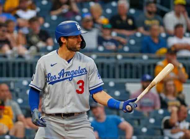Chris Taylor of the Los Angeles Dodgers in action against the Pittsburgh Pirates at PNC Park on June 8, 2021 in Pittsburgh, Pennsylvania.