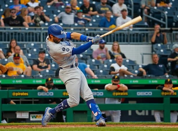 Chris Taylor of the Los Angeles Dodgers in action against the Pittsburgh Pirates at PNC Park on June 8, 2021 in Pittsburgh, Pennsylvania.