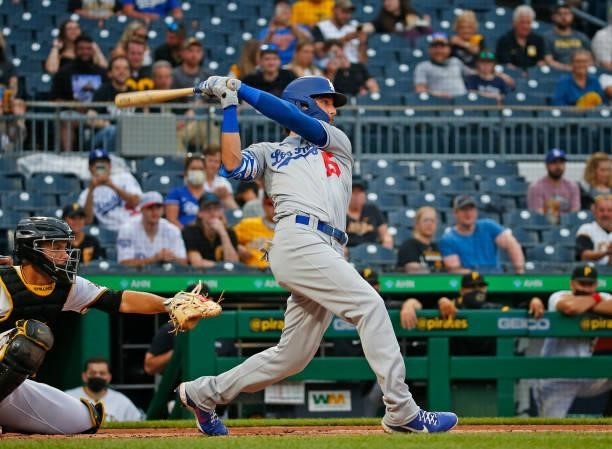 Cody Bellinger of the Los Angeles Dodgers in action against the Pittsburgh Pirates at PNC Park on June 8, 2021 in Pittsburgh, Pennsylvania.