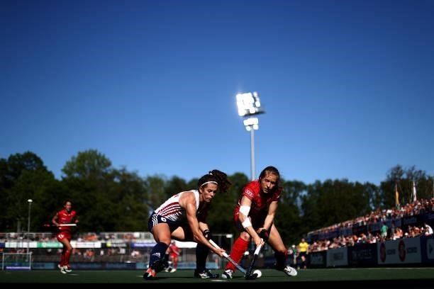 Louise Versavel of Belgium battles for the ball with Anna Toman of England during the Euro Hockey Championships Women match between Belgium and...