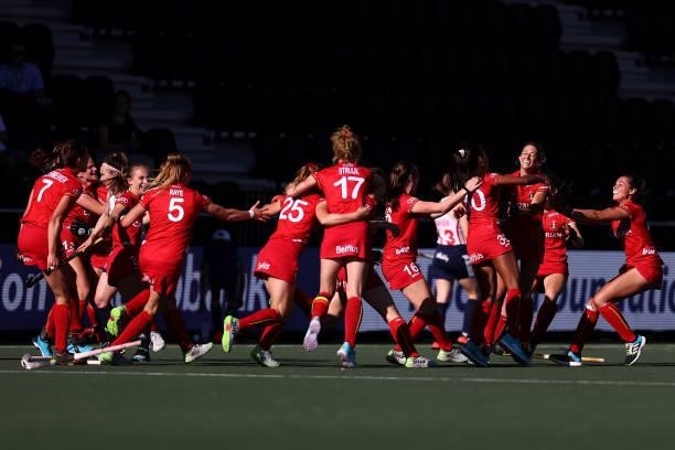 The players of Belgium celebrate victory after the Euro Hockey Championships Women match between Belgium and England at Wagener Stadion on June 09,...