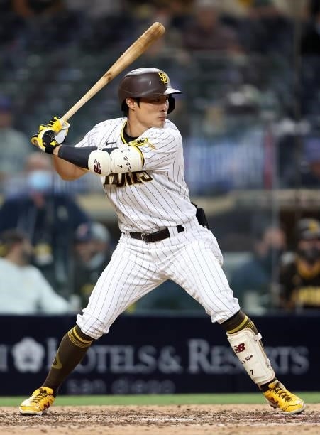 Jake Cronenworth of the San Diego Padres at bat during a game against the Chicago Cubs at PETCO Park on June 08, 2021 in San Diego, California.