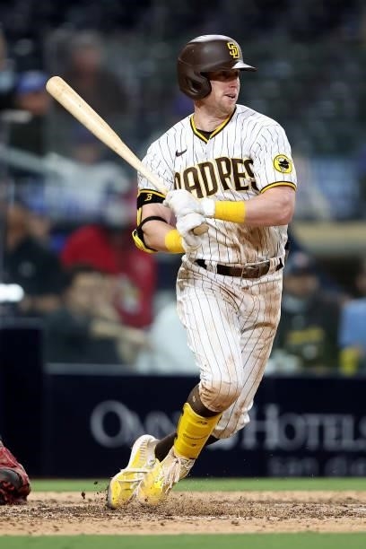 Jake Cronenworth of the San Diego Padres at bat during a game against the Chicago Cubs at PETCO Park on June 08, 2021 in San Diego, California.