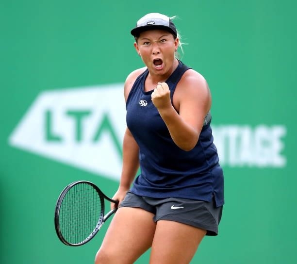 Tara Moore of Great Britain celebrates after winning a point against Heather Watson of Great Britain during Day 5 of the Viking Nottingham Open at...