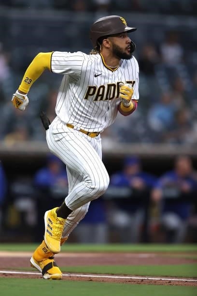 Fernando Tatis Jr. #23 of the San Diego Padres at bat during a game against the Chicago Cubs at PETCO Park on June 08, 2021 in San Diego, California.