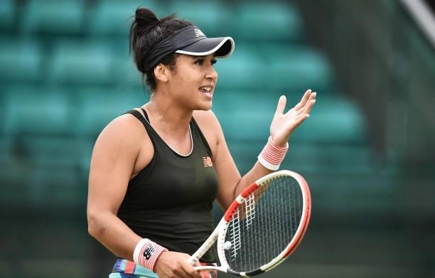 Heather Watson of Great Britain reacts during her game against Tara Moore in the Women’s singles on day five of the Viking Open at Nottingham Tennis...