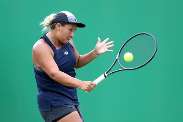 Tara Moore of Great Britain plays a backhand against Heather Watson of Great Britain during Day 5 of the Viking Nottingham Open at Nottingham Tennis...
