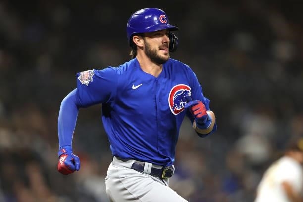 Kris Bryant of the Chicago Cubs runs to first base during a game against the San Diego Padres at PETCO Park on June 08, 2021 in San Diego, California.
