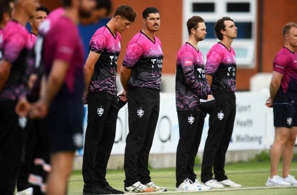 Marchant De Lange of Somerset lines up for a Moment of Unity ahead of the Vitality T20 Blast match between Somerset and Essex at The Cooper...