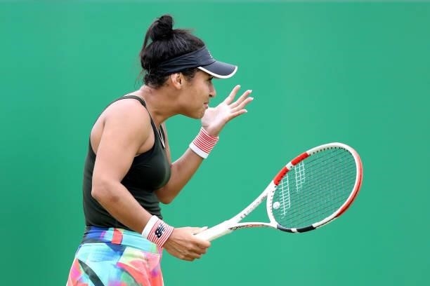 Heather Watson of Great Britain reacts against Tara Moore of Great Britain during Day 5 of the Viking Nottingham Open at Nottingham Tennis Centre on...