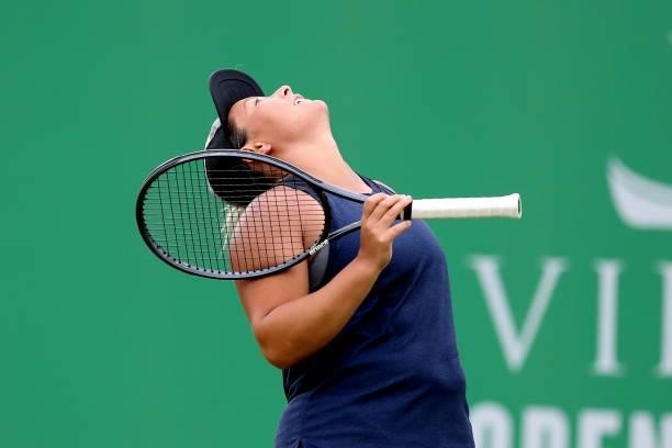 Tara Moore of Great Britain reacts against Heather Watson of Great Britain during Day 5 of the Viking Nottingham Open at Nottingham Tennis Centre on...