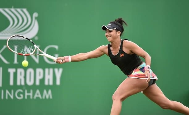 Heather Watson of Great Britain in action during her game against Tara Moore in the Women’s singles on day five of the Viking Open at Nottingham...