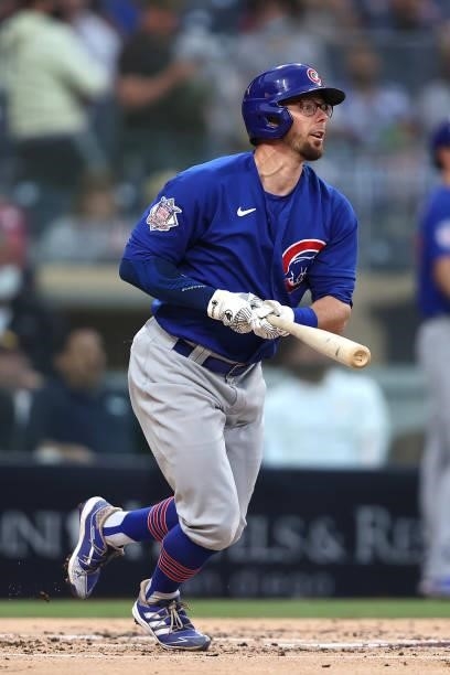 Eric Sogard of the Chicago Cubs at bat during a game against the San Diego Padres at PETCO Park on June 08, 2021 in San Diego, California.