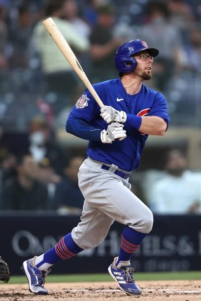 Eric Sogard of the Chicago Cubs at bat during a game against the San Diego Padres at PETCO Park on June 08, 2021 in San Diego, California.