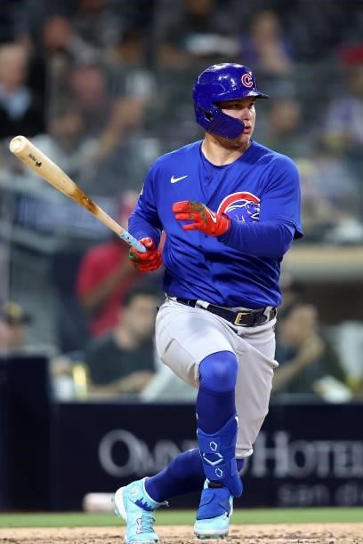 Joc Pederson of the Chicago Cubs at bat during a game against the San Diego Padres at PETCO Park on June 08, 2021 in San Diego, California.