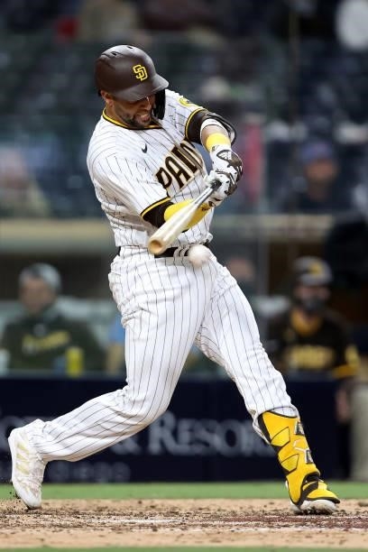 Webster Rivas of the San Diego Padres at bat during a game against the Chicago Cubs at PETCO Park on June 08, 2021 in San Diego, California.