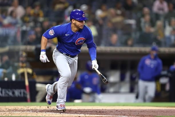 Willson Contreras of the Chicago Cubs at bat during a game against the San Diego Padres at PETCO Park on June 08, 2021 in San Diego, California.