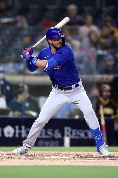 Kris Bryant of the Chicago Cubs at bat during a game against the San Diego Padres at PETCO Park on June 08, 2021 in San Diego, California.
