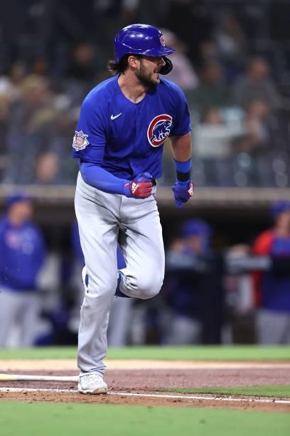 Kris Bryant of the Chicago Cubs at bat during a game against the San Diego Padres at PETCO Park on June 08, 2021 in San Diego, California.