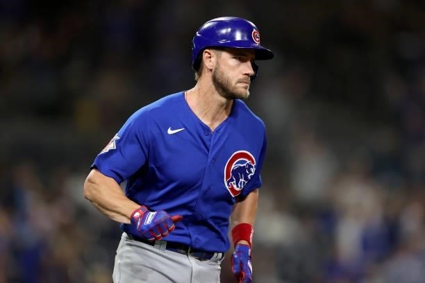 Patrick Wisdom of the Chicago Cubs runs to first base during a game against the San Diego Padres at PETCO Park on June 08, 2021 in San Diego,...