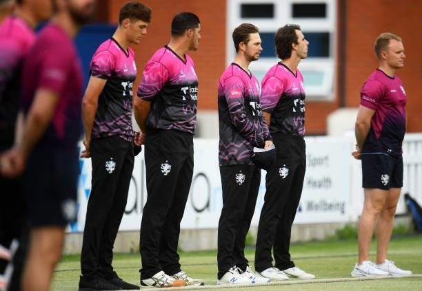 Eddie Byrom of Somerset lines up for a Moment of Unity ahead of the Vitality T20 Blast match between Somerset and Essex at The Cooper Associates...