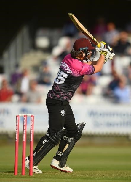 James Hildreth of Somerset plays a shot during the Vitality T20 Blast match between Somerset and Essex at The Cooper Associates County Ground on June...