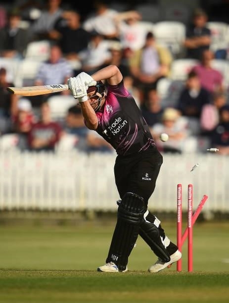 Roelof Van Der Merwe of Somerset is bowled by Jamie Porter of Essex during the Vitality T20 Blast match between Somerset and Essex at The Cooper...