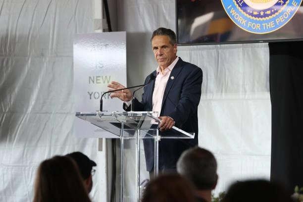 Governor of New York Andrew Cuomo speaks during the Tribeca Festival Welcome Lunch during the 2021 Tribeca Festival at Pier 76 on June 09, 2021 in...