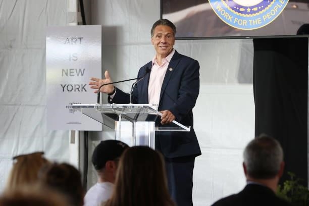 Governor of New York Andrew Cuomo speaks during the Tribeca Festival Welcome Lunch during the 2021 Tribeca Festival at Pier 76 on June 09, 2021 in...