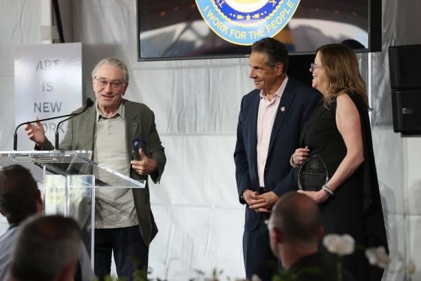 Robert De Niro, Jane Rosenthal and Governor of New York Andrew Cuomo speak during the Tribeca Festival Welcome Lunch during the 2021 Tribeca Festival...
