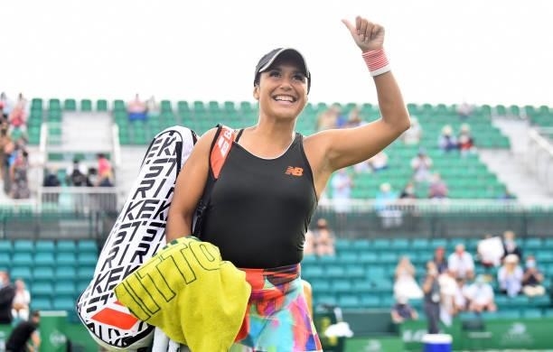 Heather Watson of Great Britain is applauded of the pitch during her game against Tara Moore in the Women’s singles on day five of the Viking Open at...
