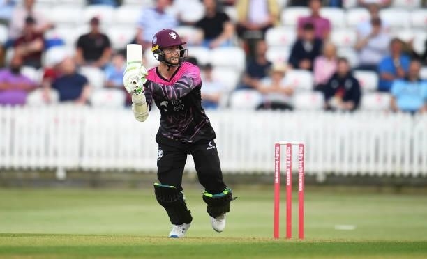 Eddie Byrom of Somerset plays a shot during the Vitality T20 Blast match between Somerset and Essex at The Cooper Associates County Ground on June...