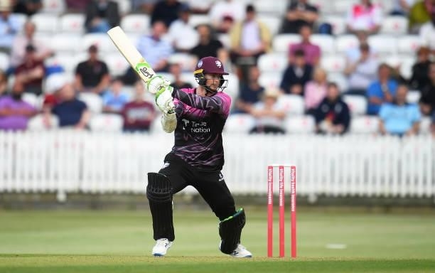 Eddie Byrom of Somerset plays a shot during the Vitality T20 Blast match between Somerset and Essex at The Cooper Associates County Ground on June...
