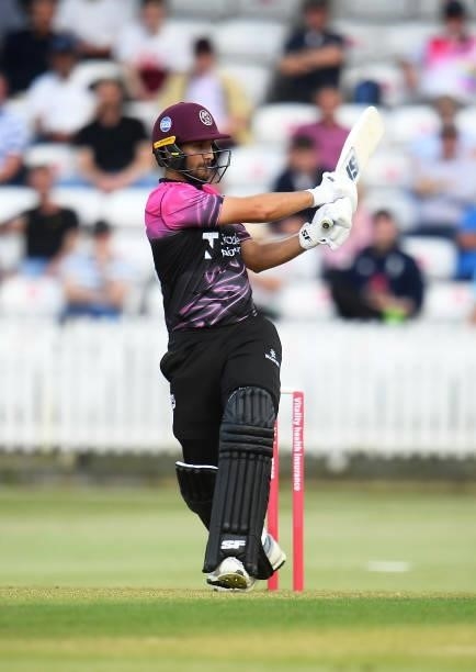 Lewis Gregory of Somerset plays a shot during the Vitality T20 Blast match between Somerset and Essex at The Cooper Associates County Ground on June...