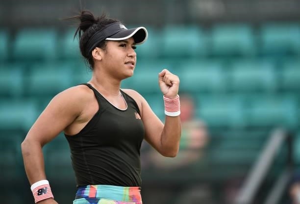 Heather Watson of Great Britain celebrates after beating Tara Moore in the Women’s singles on day five of the Viking Open at Nottingham Tennis Centre...