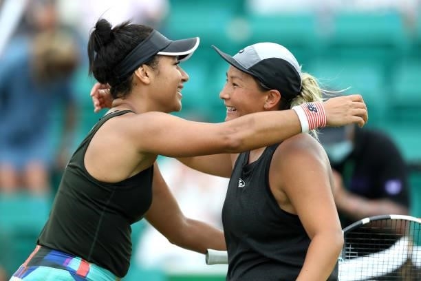 Tara Moore of Great Britain hugs Heather Watson of Great Britain after their match during Day 5 of the Viking Nottingham Open at Nottingham Tennis...