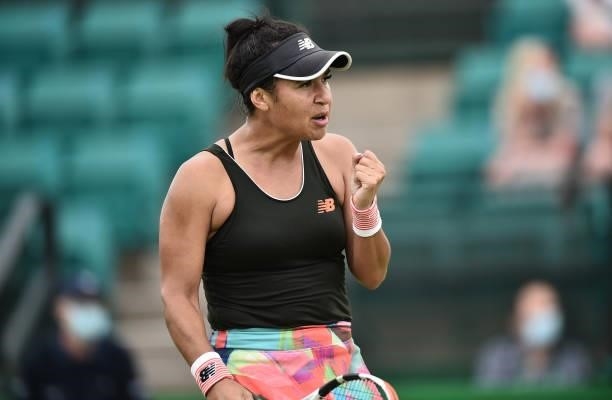 Heather Watson of Great Britain celebrates after beating Tara Moore in the Women’s singles on day five of the Viking Open at Nottingham Tennis Centre...
