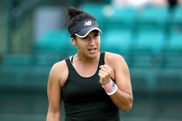Heather Watson of Great Britain celebrates after winning a point against Tara Morre of Great Britain during Day 5 of the Viking Nottingham Open at...
